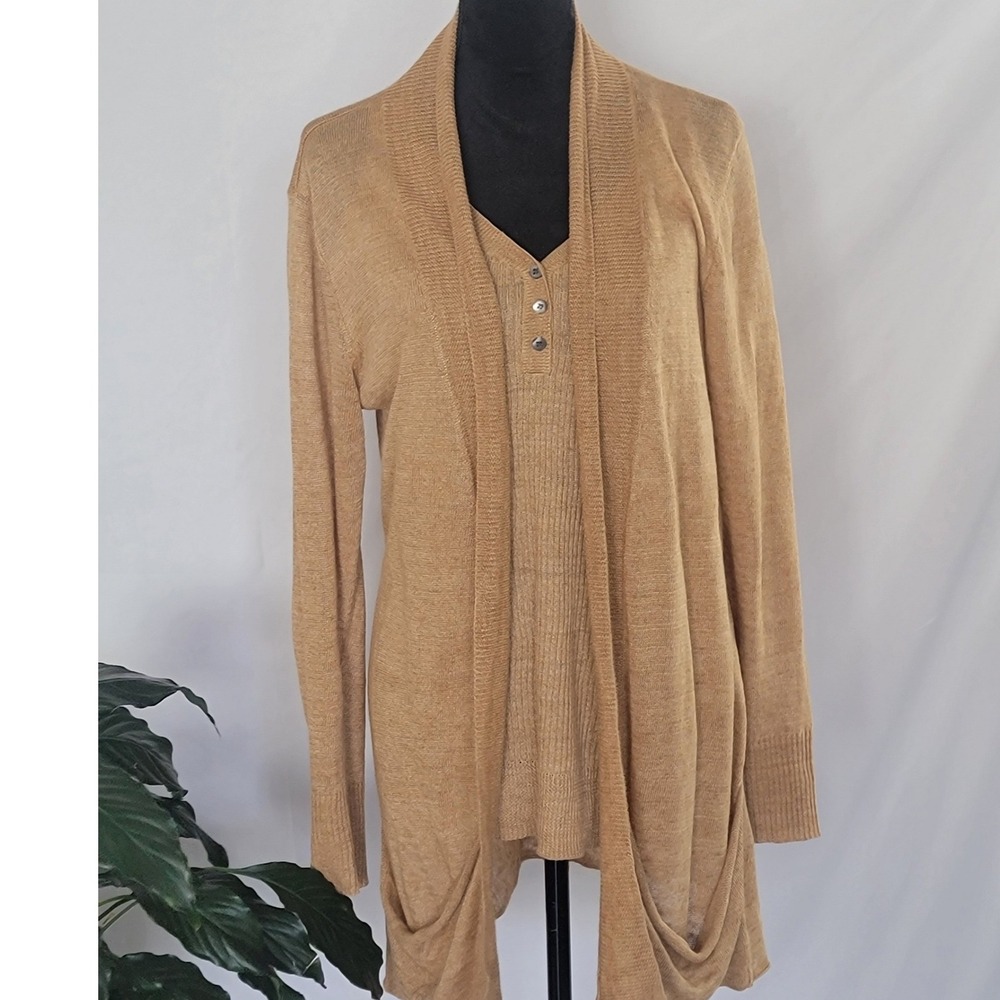 Eileen Fisher Tan Italian Yarn Cardigan and Henley Tank Top Sweater‎ Set Large